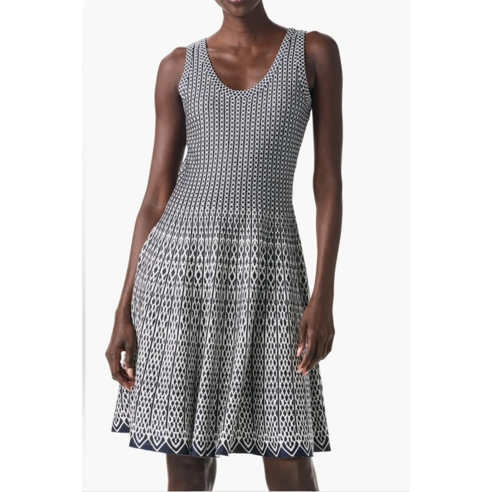 NIC+ZOE Women S Navy White Knit Fit Flare Midi Dress Geometric Sleeveless